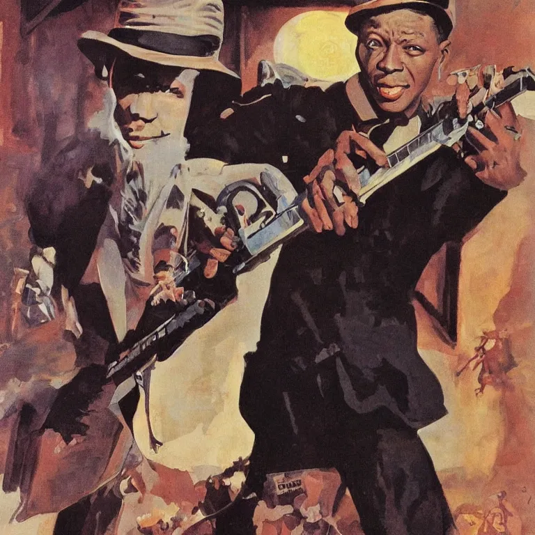 Prompt: scifi Robert Johnson by Robert McGinnis, pulp comic style, circa 1958, photorealism