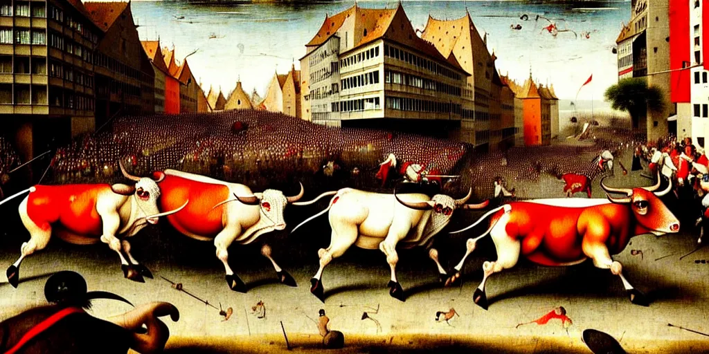 Image similar to the running of the bulls in pamplona, hundreds of people are fleeing from rampaging bulls in the city streets, art by hieronymus bosch, intricate, elegant, highly detailed, smooth, sharp focus, artstation