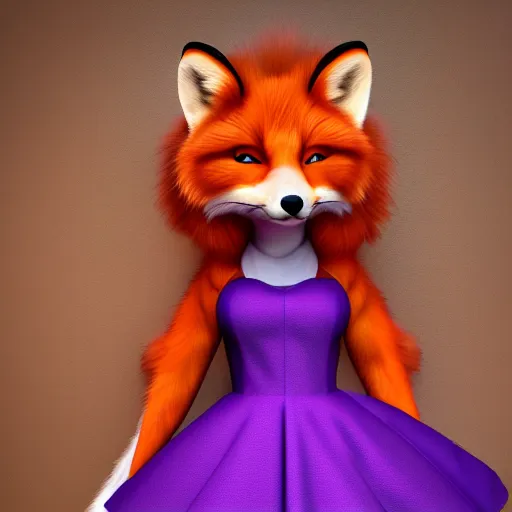 Prompt: majestic art of purple orange red furred anthropomorphic female furry fox wearing a maid dress, 8k resolution, high detail, ULTRA REALISTIC VFX, reflections, post processing