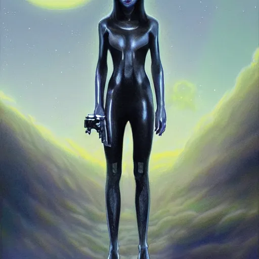 Image similar to pleiadian woman with big eyes and long silver hair wearing a dark body suit and holding a plasma gun as a realistic sci fi character, portrait art by donato giancola and greg rutkowski, digital art, trending on artstation, standing in a barren field, long silver hair, full body