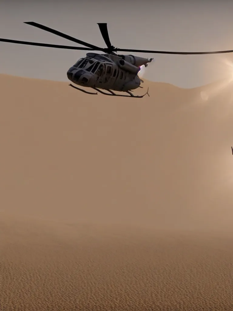 Image similar to close up!, photo of helicopter flying over a sand hills covered in dust, extremely detailed matte painting by jeremy geddes, featured on cg society, video art, reimagined by industrial light and magic, anamorphic lens flare, # vfxfriday