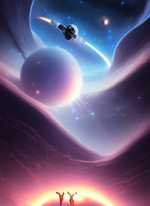 Image similar to astronaut cosmonaut discovery of new worlds of galaxies panorama, fantasy portal to far universe. astronaut space exploration, gateway to another universe, cinematic view, epic sky, detailed, concept art, low angle, high detail, warm lighting, volumetric, godrays, vivid, beautiful, trending on artstation, by jordan grimmer, huge scene, art greg rutkowski