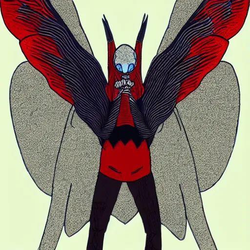 Image similar to 4K headshot of mothman with a mushroom hat and rouch clothes with giant wings , intricate face , flawless anime cel animation by Manabu Oshashi and Satoshi Kon, professionally post-processed , beautiful, scary, symmetry accurate features, epic, octane rendered, anime masterpiece, accurate