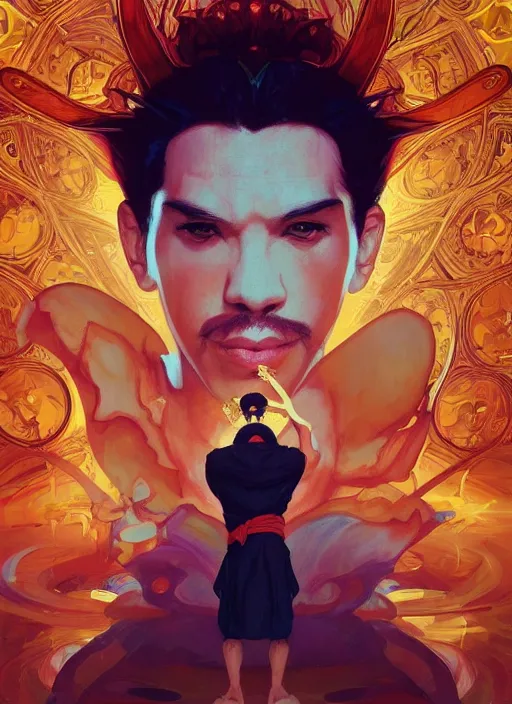 Image similar to symmetry! portrait of aladdin, orange spike aura in motion, floating pieces, painted art by tsuyoshi nagano, greg rutkowski, artgerm, alphonse mucha, spike painting