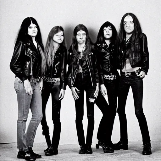 Image similar to group of 1 9 - year - old girls wearing black leather jackets and denim jeans, long wavy hair, proto - metal band promo, band promo, hard rock band, 1 9 7 0 photograph