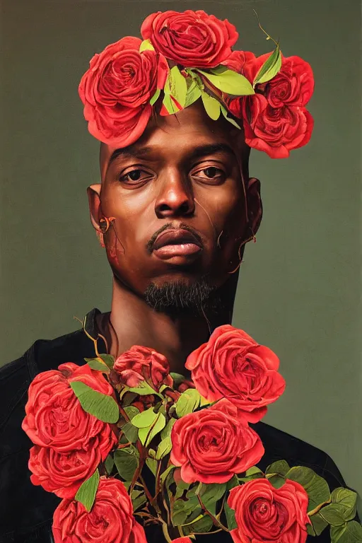 Prompt: Andre Benjamin, portrait by Kehinde Wiley!!, roses, oil paint on canvas, brushstrokes,