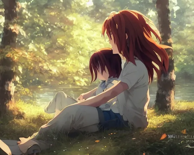 Image similar to a boy and a girl with long flowing auburn hair sitting together in a boat. Atmospheric lighting, long shot, romantic, boy and girl are the focus, trees, blue water. Anime. By Makoto Shinkai, Stanley Artgerm Lau, WLOP, Rossdraws, James Jean, Andrei Riabovitchev, Marc Simonetti, krenz cushart, Sakimichan, D&D trending on ArtStation, digital art.