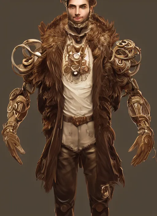 Prompt: a highly detailed illustration of thick wavy brown haired young white guy wearing brown coat and face mask, black mechanical arms on his back, dramatic standing pose, intricate, elegant, highly detailed, centered, digital painting, artstation, concept art, smooth, sharp focus, league of legends concept art, WLOP