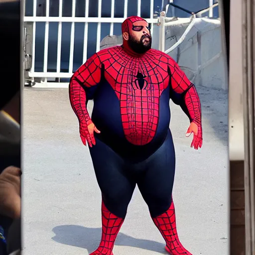 Image similar to DJ Khaled as morbidly obese Spiderman, MCU set photo, live-action adaptation, photograph