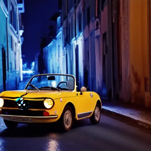 Image similar to a fiat 124 « Jigouli » in the middle of a road on the night Rome, blue color grading, cinematic color grading , unreal 5, hyperrealistic, realistic, photorealistic, dynamic lighting, highly detailed, cinematic landscape, studio landscape, studio lighting