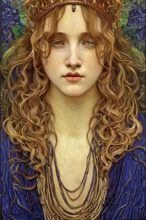 Image similar to detailed realistic beautiful young medieval queen face portrait by jean delville, alphonse mucha, vincent van gogh, and marco mazzoni, art nouveau, symbolist, visionary, gothic, pre - raphaelite