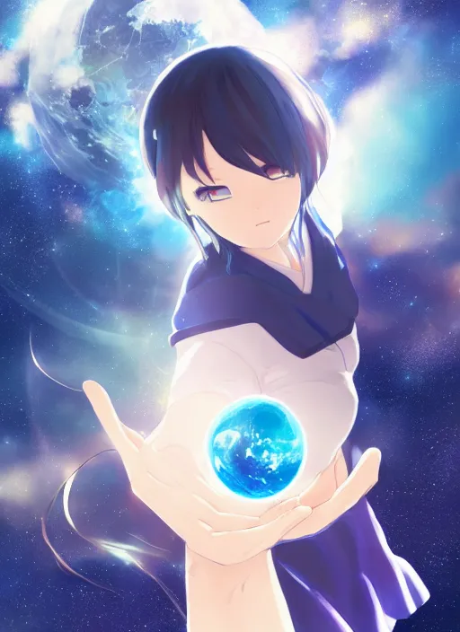 Prompt: a gigantic anime girl in outer space holding one single small blue planet in the palm of her hand. Anime, Makoto Shinkai, empty space, no planets, trending on ArtStation, digital art.