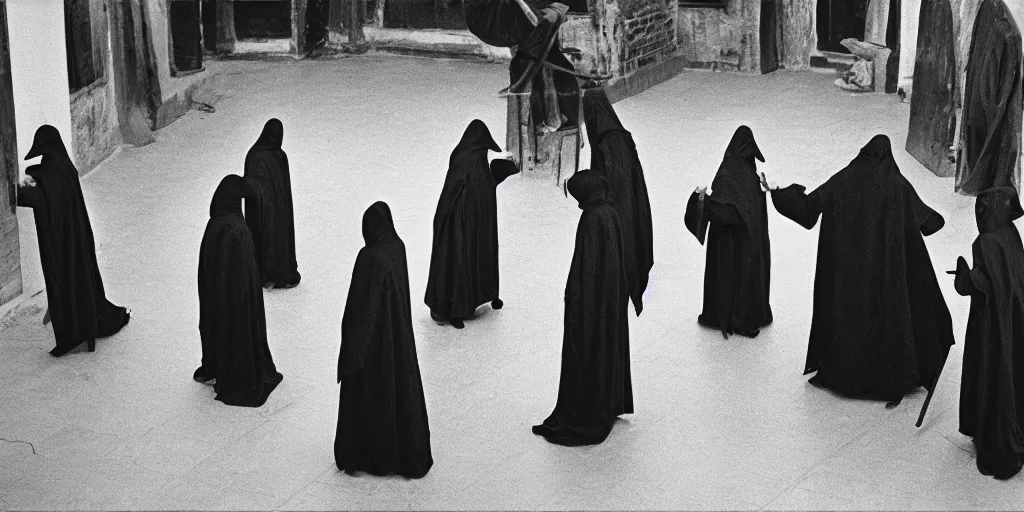 Image similar to black robed and hooded plague doctors in a circle calling forth satan, old film, 35mm film, found film, scary, ominous, frightening, ghastly, photorealistic