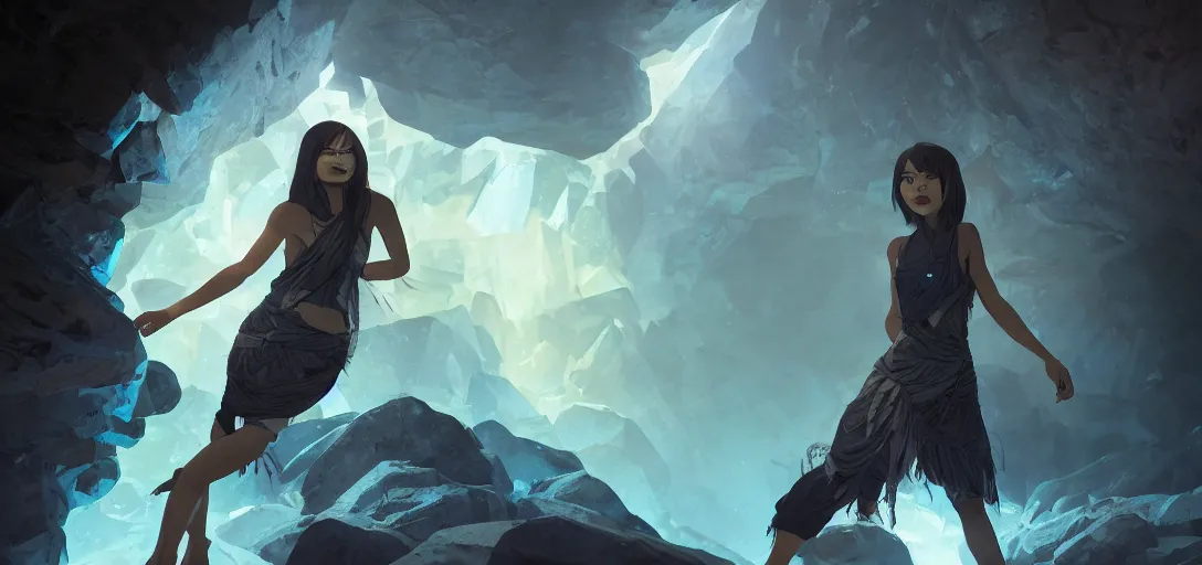 Image similar to Full body portrait of a Himalayan woman in a sleeveless dress,exploring a cave with glowing crystals, dark colors, ominous, somber, detailed, by Studio trigger, wojtek fus, by Makoto Shinkai and Ilya Kuvshinov