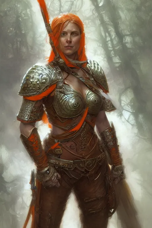 Image similar to full - body portrait of a ranger, female, white and orange breastplate, magical, high fantasy, d & d, by donato giancola, craig mullins, jeremy mann, face details, extremely detailed, digital illustration