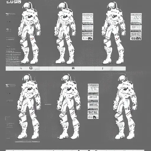 Image similar to character sheet of Ludens from Death Stranding by Yoji Shinkawa and Artgem, trending on Artstation concept arts
