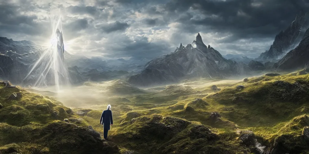 Image similar to a beautiful wide shot of donald trump being gandalf, the panorama of middle earth in the background, intricate detail, god rays, photography, volumetric light, cinematic, 8 k