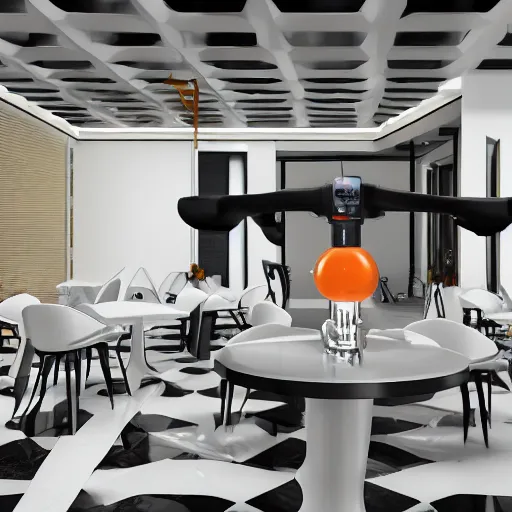 Image similar to three large white glossy kuka industrial robot arms on the floor around a dinner table, they are having dinner inside a fine dining restaurant with mid century modern furniture and decor, global illumination, artstation, fantasy