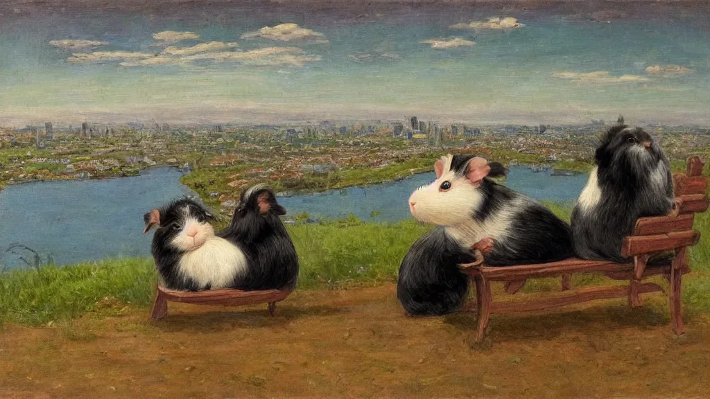 Prompt: two guinea pigs sitting on a bench overlooking a city at night, stars in the sky, in the style of fanny brate