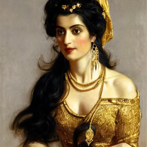 Prompt: portrait of a beautiful phoenician princess with medium - sized black wavy hair, gold - made jewelry over her head and gold jewelry covering her curved but thin body, with a orientalist smileful face, excellent lighting, high detail by theodore ralli and nasreddine dinet and anders zorn and edwin longsden 8 k