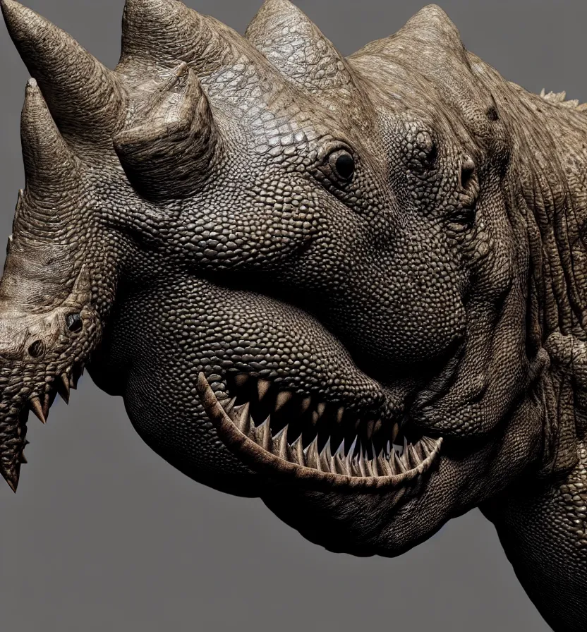 Image similar to antasy creature setting all : crocodile head : : 0. 5 the head has a symmetrical horn and tumor, and there is a rhino horn at the front of the beak, and the mouth is open to reveal a mouth full of fangs with huge wings, full body rich detail realistic photoreal photorealistic octane render 8 k