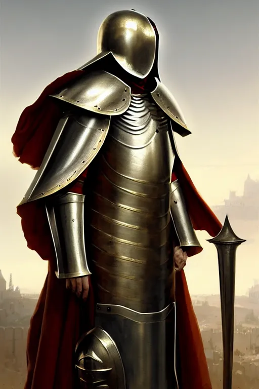 Prompt: white man looking forward in iron decorated plate armor with golden cross on chest, cylindrical crusader great helm covering all his head and white silk cape covering his back and elbows standing at the gates of jerusalem drawn by greg rutkowski realistic high detail