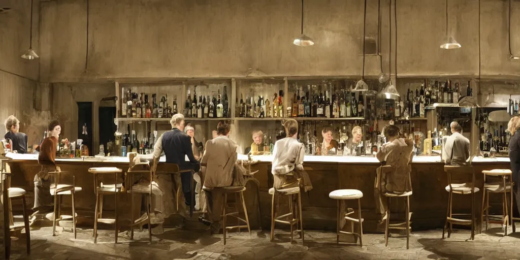 Image similar to an scenario close a bar designed for the director Roy Andersson movie