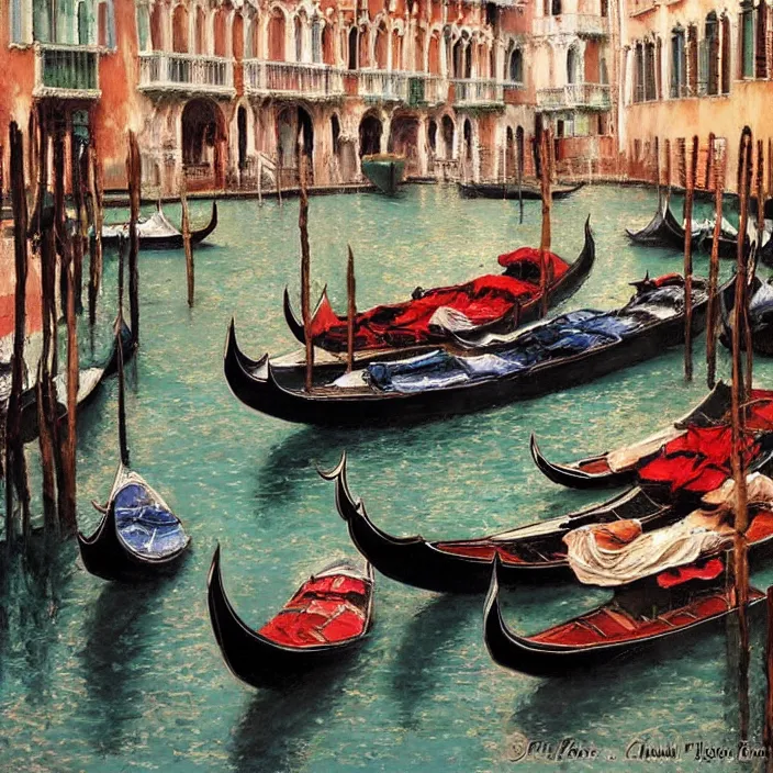 Prompt: venetian gondolas in the style of vrubel, pastel colors, chiaroscuro, bleached colors, cold shades, perfect beautiful, palette knife