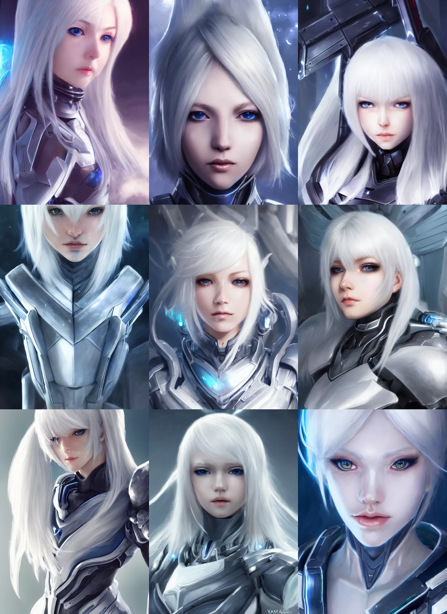 Image similar to detailed portrait of perfect white haired girl, android, warframe armor, beautiful, pretty face, blue cyborg eyes, innocent, scifi, 4 k, sun yunjoo, ultra realistic, aura of light, cinematic lighting, highly detailed, sharp focus, artstation, masterpiece, art by hyungjin yang and akihito tsukushi