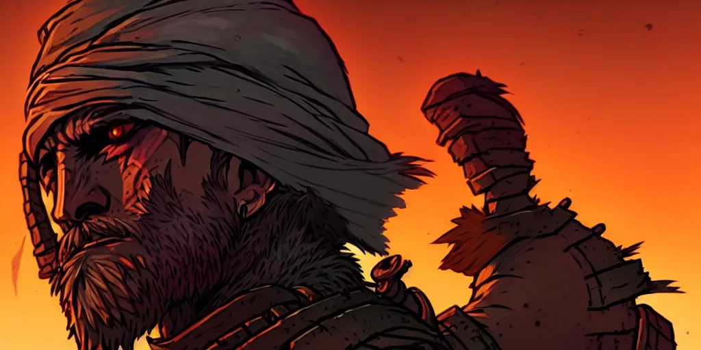 Prompt: warrior character portrait, sprite, darkest dungeon, pc game, sideview, art by moebius and greg rutkowski.