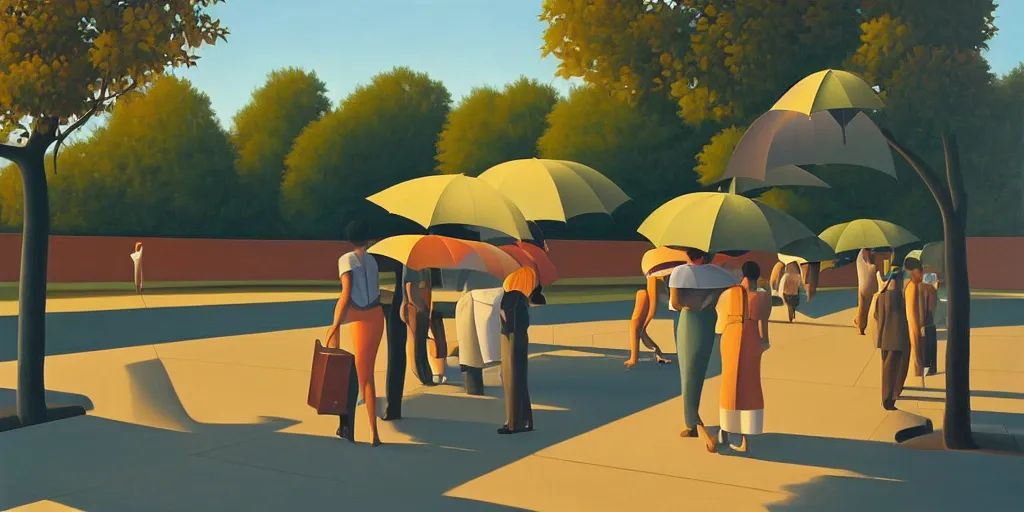 Prompt: umbrellas, summer evening, kenton nelson