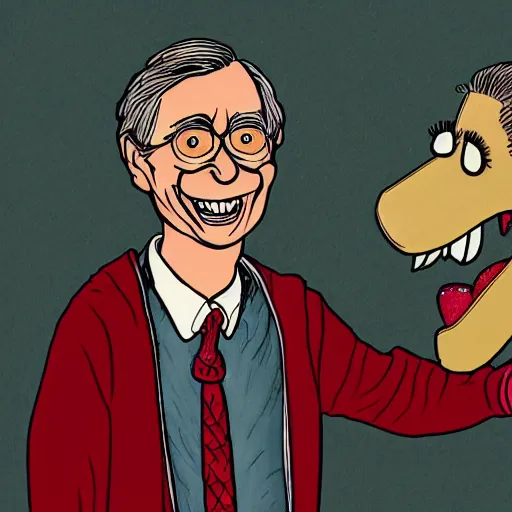 Image similar to mr. rogers being physically overpowered by an evil puppet, detailed horror illustration