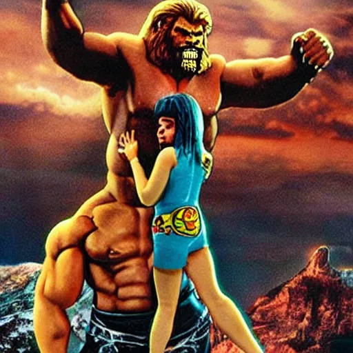 Prompt: giant wwf ultimate warrior holding small woman in his hands climbing a tall building like king kong, highly detailed, realistic movie poster