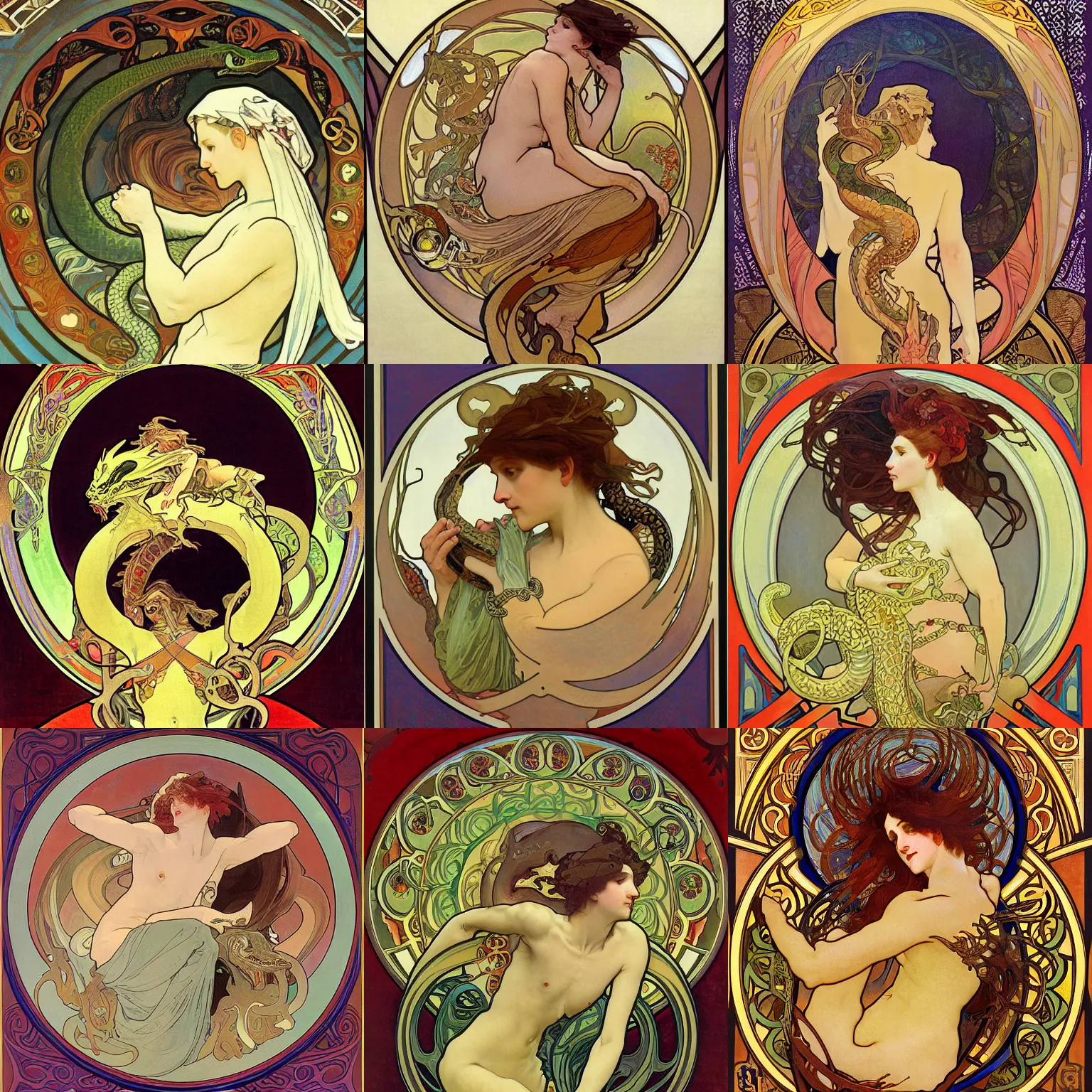 Prompt: ouroboros, a serpent or dragon eating its own tail, cycle of life death and rebirth, alphonse mucha, detailed oil on canvas painting