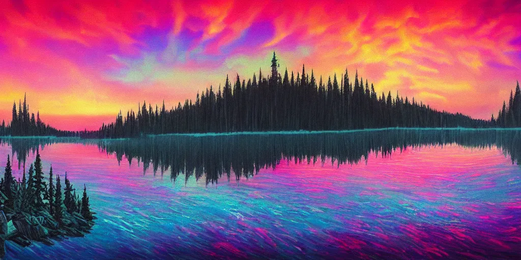 Image similar to beautiful award winning synthwave painting of a canadian lake, extreme detail, digital art, 4 k, ultra hd
