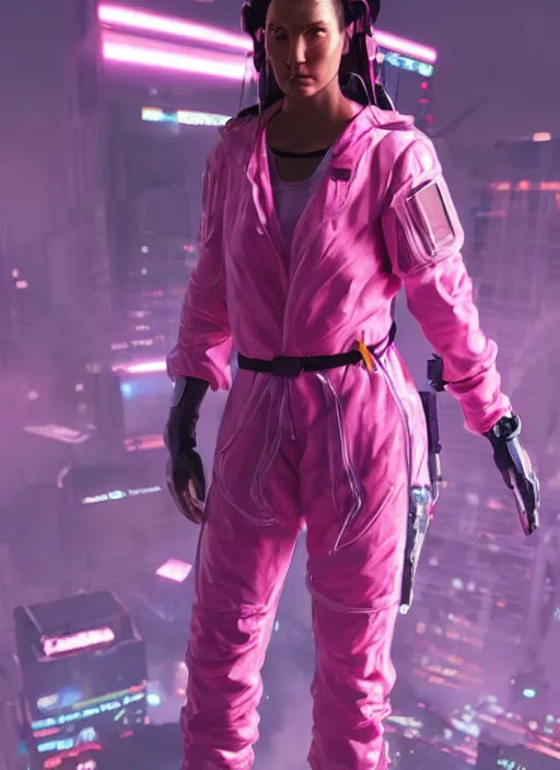 Prompt: maria. apex legends cyberpunk athlete in pink jumpsuit. concept art by james gurney and mœbius. cinematic, dramatic lighting, high detail 4 k