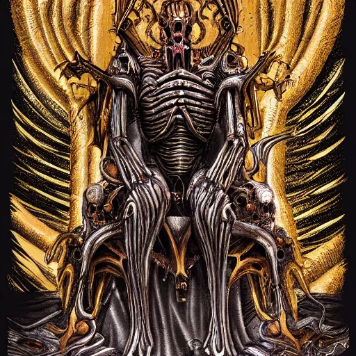 Image similar to illustration. the corpse emperor on his golden throne. 4 0 k. body horror. in the style of giger.