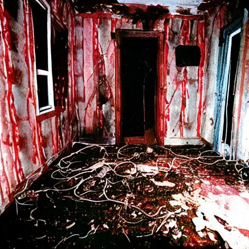 Image similar to 1 9 9 3, disposable camera, flash, old abandoned house, creature, standing, meat, ooze, slime, veins, wet