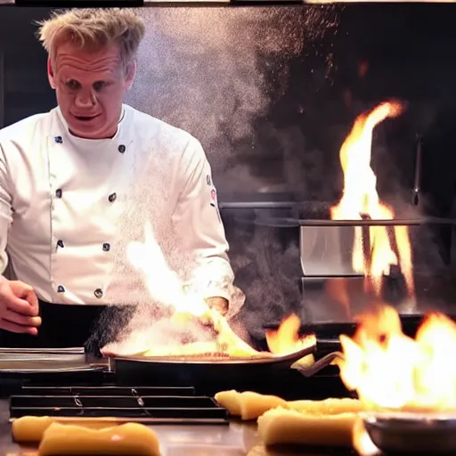 Image similar to Gordon Ramsey cooking a unicorn in a intricate wafflehouse kitchen 4k