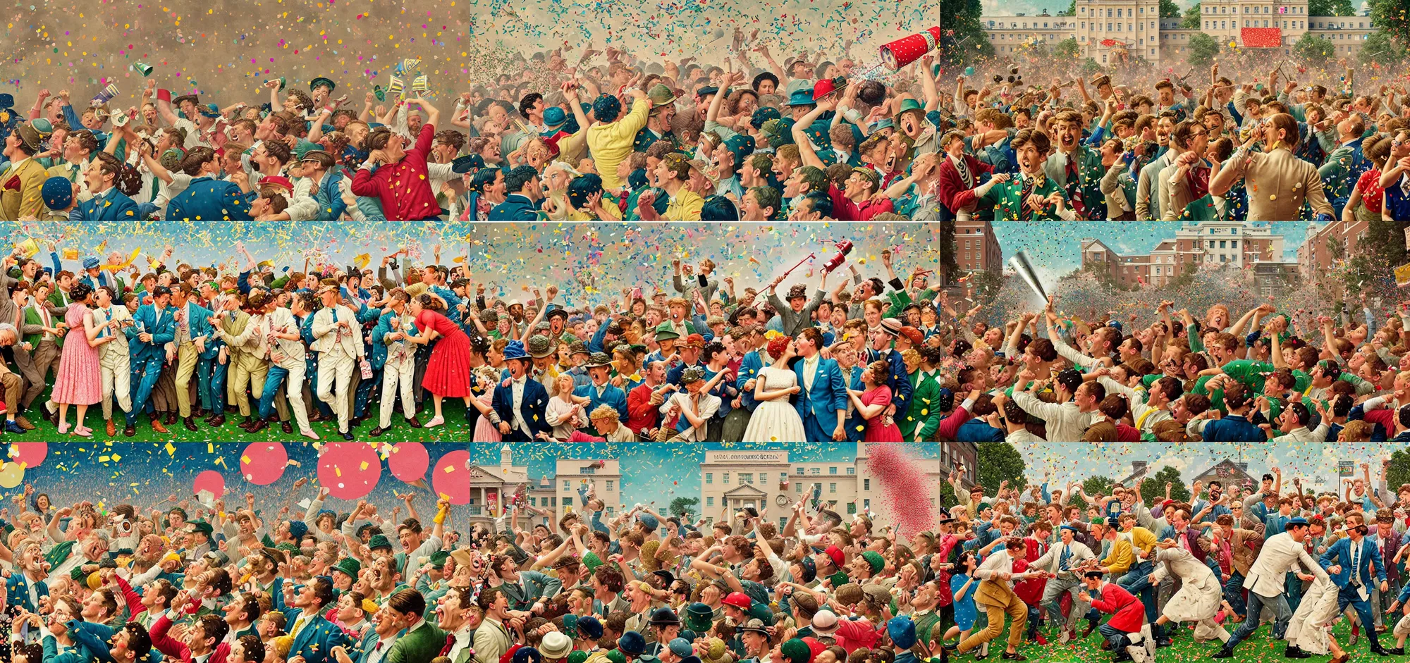 Prompt: an epic confetti cannon battle, in the style of a highly detailed mural by wes anderson and norman rockwell