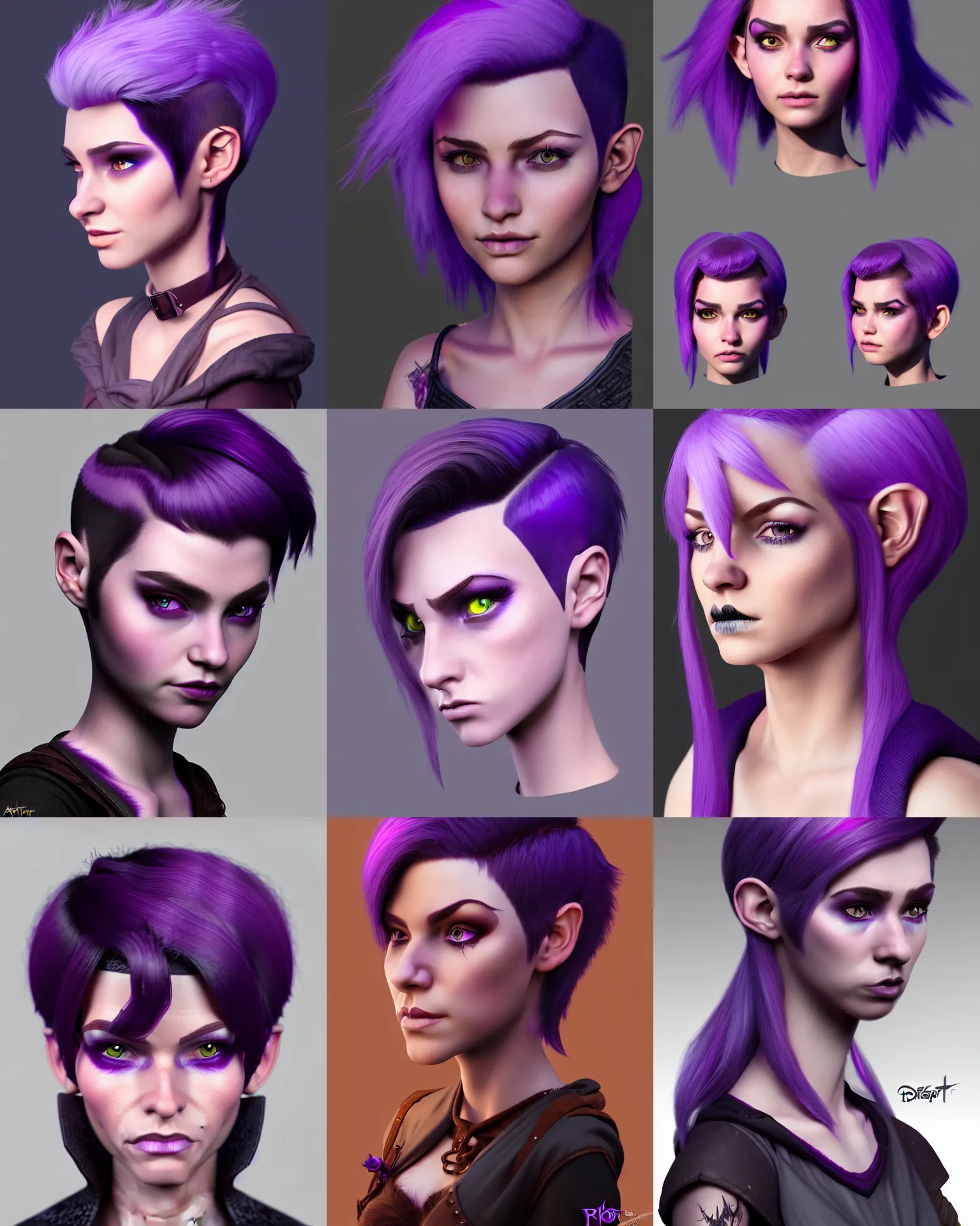 Prompt: Portrait of rugged young adult female witch, D&D fantasy, pixie undercut hairstyle, black to purple fade hairstyle, disney animation cgi, highly detailed, trending on artstation