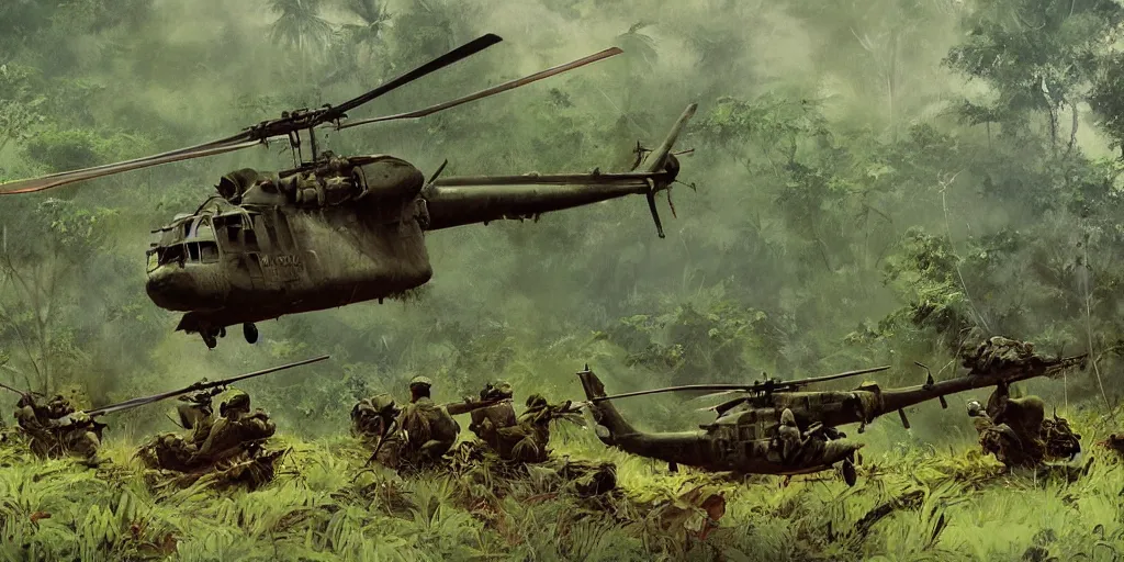 Image similar to vietcong ambushing 3 huey helicopters offloading soldiers in a clearing of a jungle, gritty, realistic, high contrast, cinematic, art by craig mullins