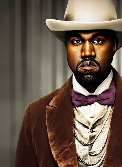 Image similar to portrait kanye west as willy wonka in django unchained, splash art, movie still, cinematic lighting, long lens, shallow depth of field, bokeh, anamorphic lens flare, 8 k, hyper detailed, 3 5 mm film grain