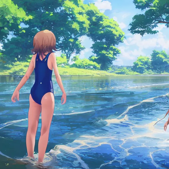 Image similar to one single girl wearing a blue full body bathing suit wading, wading weight high water, standing in a narrow river, trees bent over the river, shady, ripples, looking at the camera, front facing, inviting look, atmospheric lighting. By Makoto Shinkai, Stanley Artgerm Lau, WLOP, Rossdraws, James Jean, Andrei Riabovitchev, Marc Simonetti, krenz cushart, Sakimichan, trending on ArtStation, digital art.