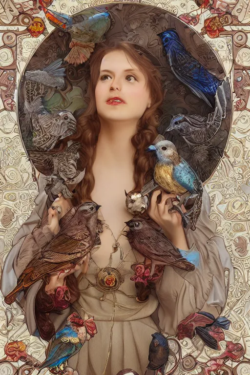 Image similar to face 3 d render of english princess holding birds, ornaments, mucha vibe, dieselpunk, solarpunk, artstation