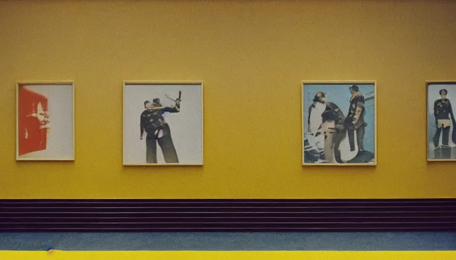 Prompt: 60s movie still of a sovietic stalinist style empty art museum with a soviet congress with yellow wall, kodakchrome, liminal Space style, heavy grain