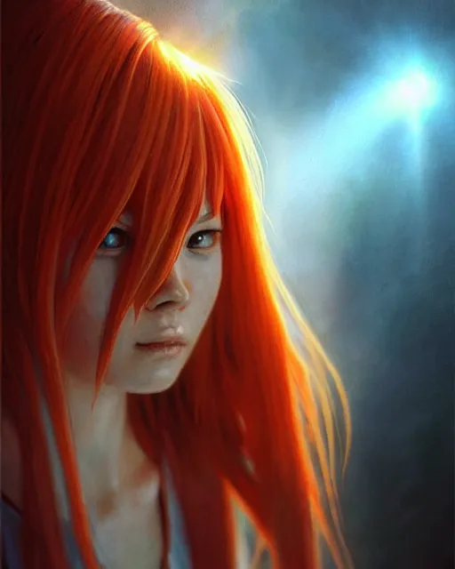 Image similar to asuka langley, award winning photograph, radiant flares, realism, lens flare, intricate, various refining methods, micro macro autofocus, evil realm magic painting vibes, hyperrealistic painting by michael komarck - daniel dos santos