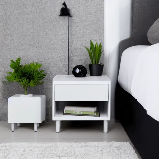 Prompt: white zen clean modern minimalist bedside - table with plant