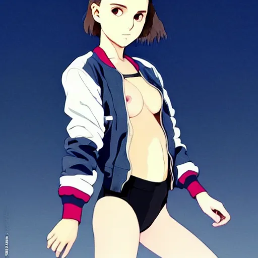 Image similar to a beautiful! boyish! natalie portman alluring gravure! model, wearing oversized mayan bomber jacket and leotard with overalls, bulky poofy bomber jacket with mayan patterns, gapmoe yandere grimdark, trending on pixiv fanbox, painted by greg rutkowski makoto shinkai takashi takeuchi studio ghibli, akihiko yoshida