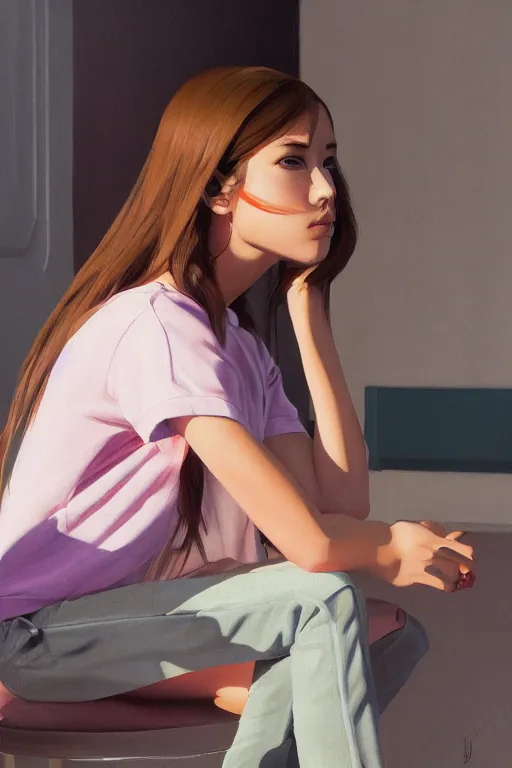 Image similar to A ultradetailed beautiful panting of a stylish woman looking at the camera, she is wearing streetwear, she is sitting on a chair, bright sunny day, Oil painting, by Ilya Kuvshinov, Greg Rutkowski and Makoto Shinkai